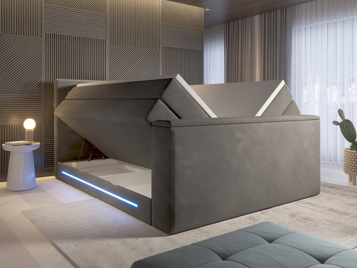 wonello Boxspringbett Monaco mit TV-Lift, mit Bettkasten, Matratzen und Topper, mit LED-Beleuchtung, Samt – Bild 2 von 5