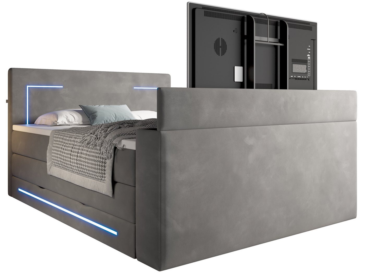 wonello Boxspringbett Monaco mit TV-Lift, mit Bettkasten, Matratzen und Topper, mit LED-Beleuchtung, Samt – Bild 4 von 5