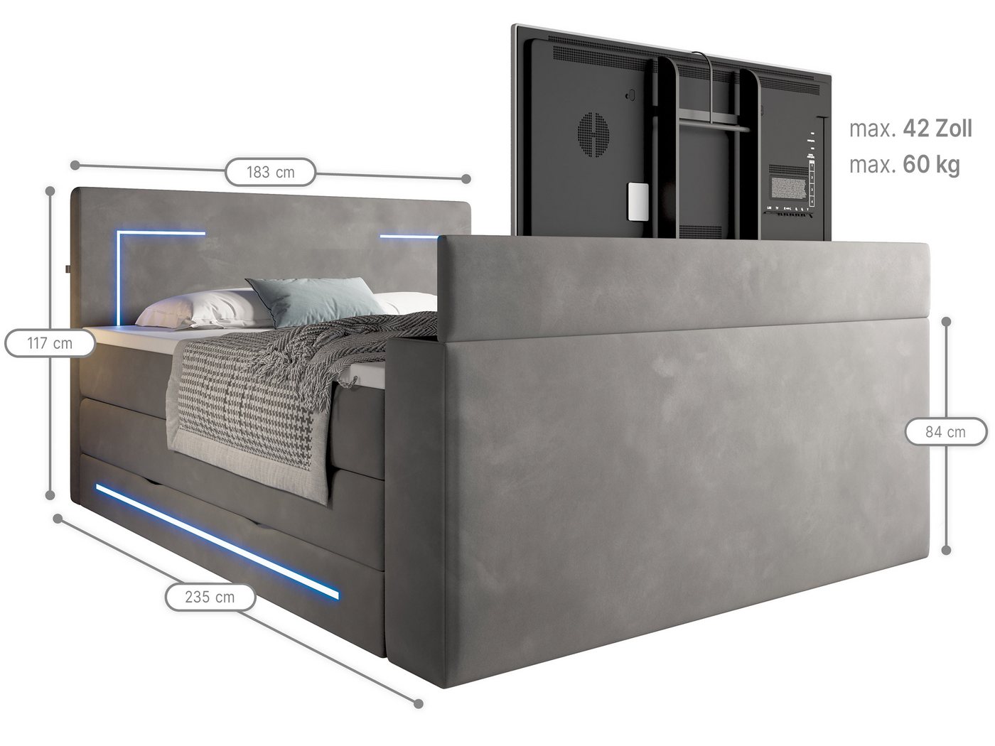 wonello Boxspringbett Monaco mit TV-Lift, mit Bettkasten, Matratzen und Topper, mit LED-Beleuchtung, Samt – Bild 5 von 5