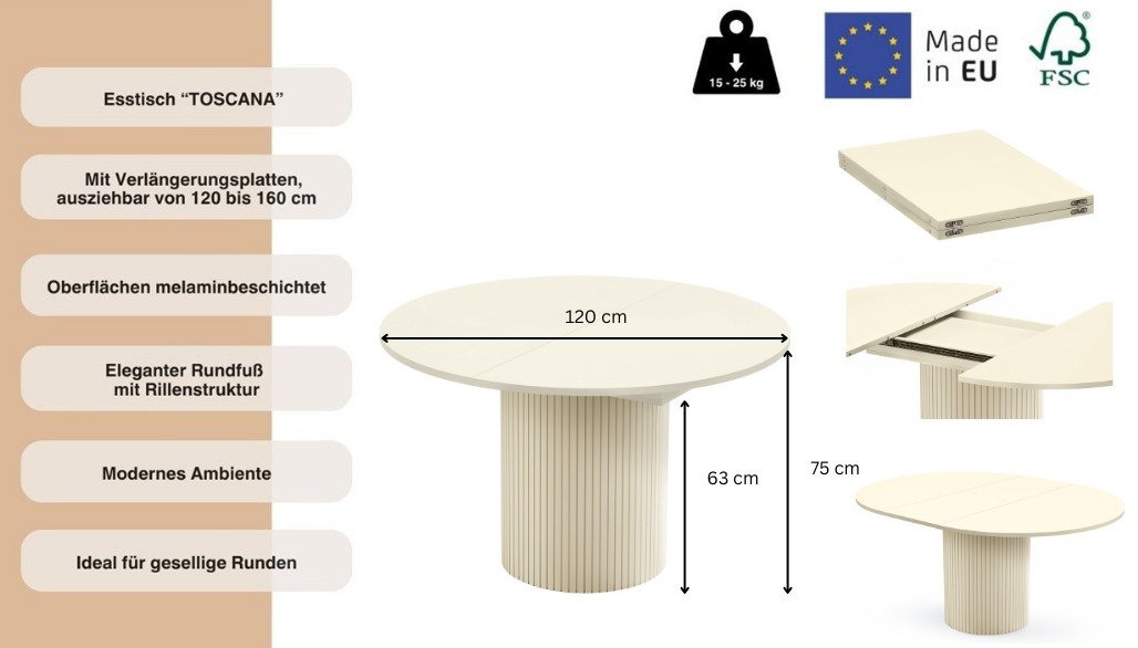 Woodman Esstisch Toscana, Speisetisch, Tisch (Made in Europe), Breite 120 cm, melaminbeschichtet, mit Verlängerungsplatten, FSC® – Bild 3 von 5