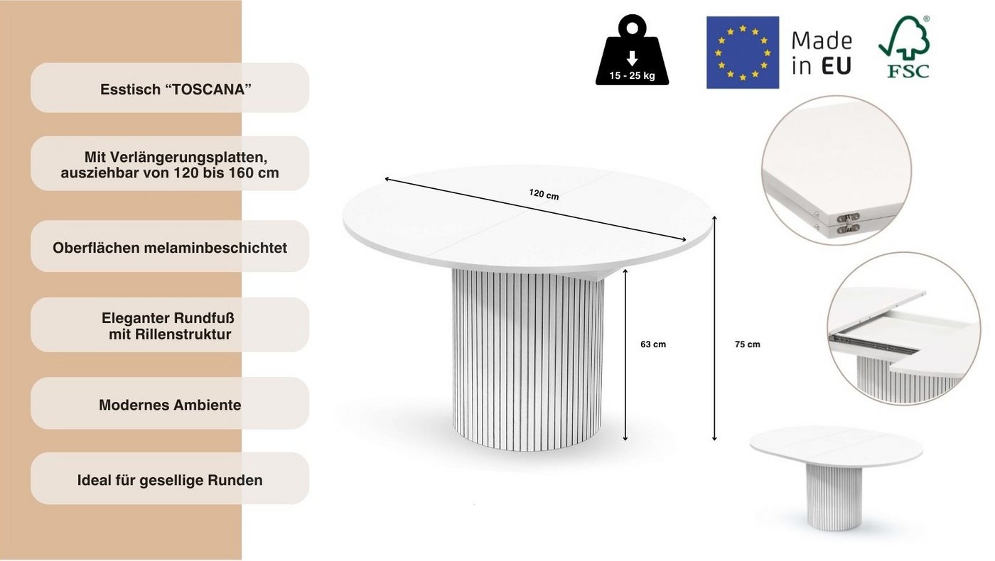 Woodman Esstisch Toscana, Speisetisch, Tisch (Made in Europe), Breite 120 cm, melaminbeschichtet, mit Verlängerungsplatten, FSC® – Bild 3 von 5