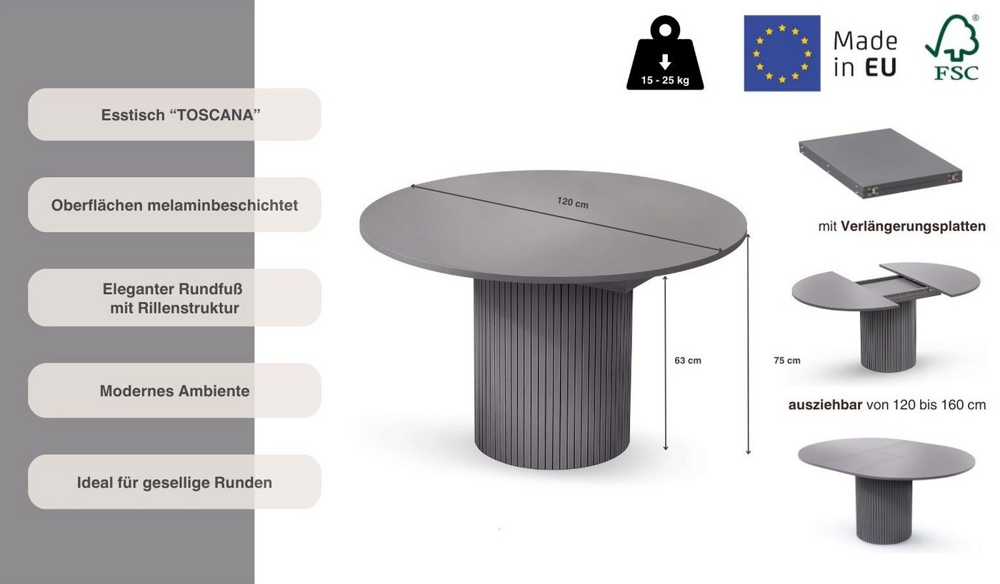Woodman Esstisch Toscana, Speisetisch, Tisch (Made in Europe), Breite 120 cm, melaminbeschichtet, mit Verlängerungsplatten, FSC® – Bild 3 von 5