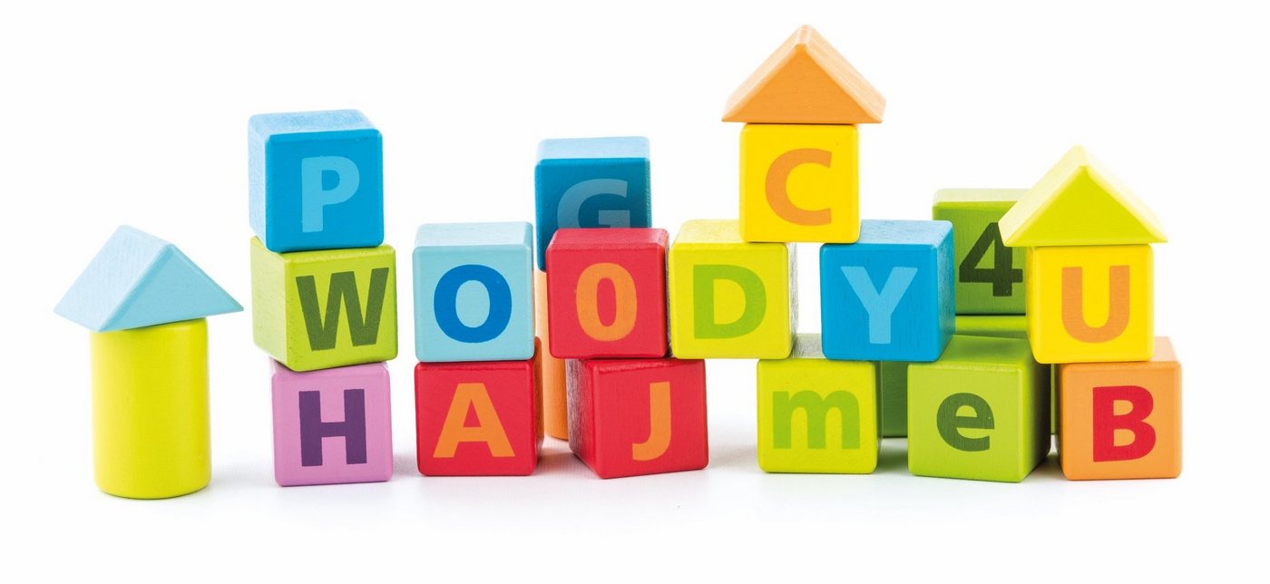 Woodyland Lernspielzeug 60 bunte, pastellfarbene Holzbausteine mit ABC, Zahlen und Steckspiel, Integriertes Steckspiel im Deckel der Aufbewahrungstrommel – Bild 2 von 3