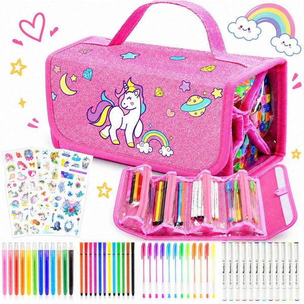 Wootoy Buntstift Einhorn Malset mit Federmäppchen 54-teiliges Kreativset Glitzerstiften, (Federmäppchen mit 4 Reißverschlussfächern und Tragegriff, 54-tlg., mit