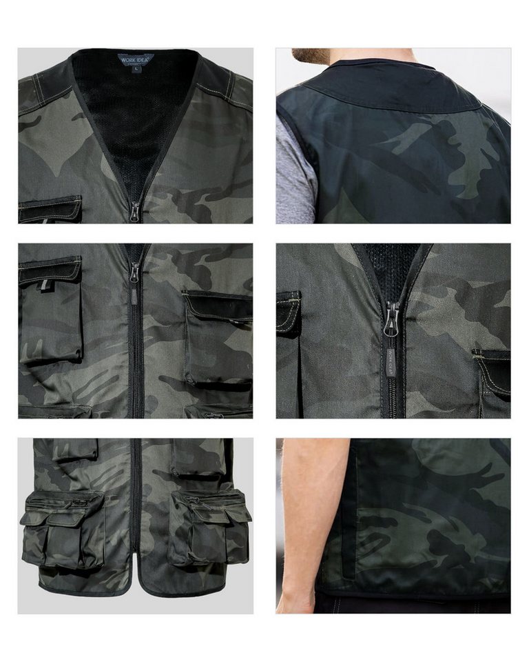 WORK IDEA Arbeitsweste Herren Outdoor Arbeitsweste, Mehrtaschen Angelweste (1-tlg) leichte atmungsaktive Tarnmuster Sommerweste – Bild 4 von 5