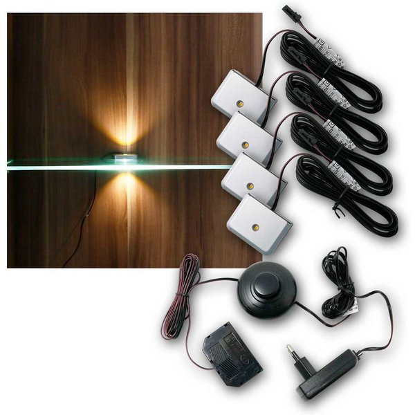 world-trading-net LED Glaskantenbeleuchtung 4er SET Clip-3D silber Glasbodenbeleuchtung, ww, warmweiß