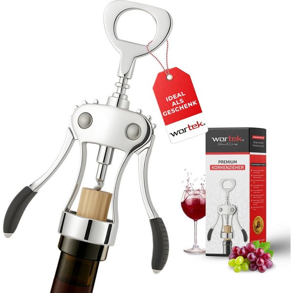 wortek Korkenzieher Weinflaschenöffner Flaschenöffner, (1er Set, 1 tlg., Hebelkorkenzieher mit Flaschenöffner), Geschenk für Wein- und Bierliebhaber