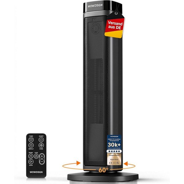 WOWDSGN Heizlüfter Turmheizer 2000W, PTC Keramik Heizgerät mit Aufheizen in 2 Sekunden, 2000 W, leise 34 dB, 24H Timer, ECO-Modus, Fernbedienung, Kindersicherun