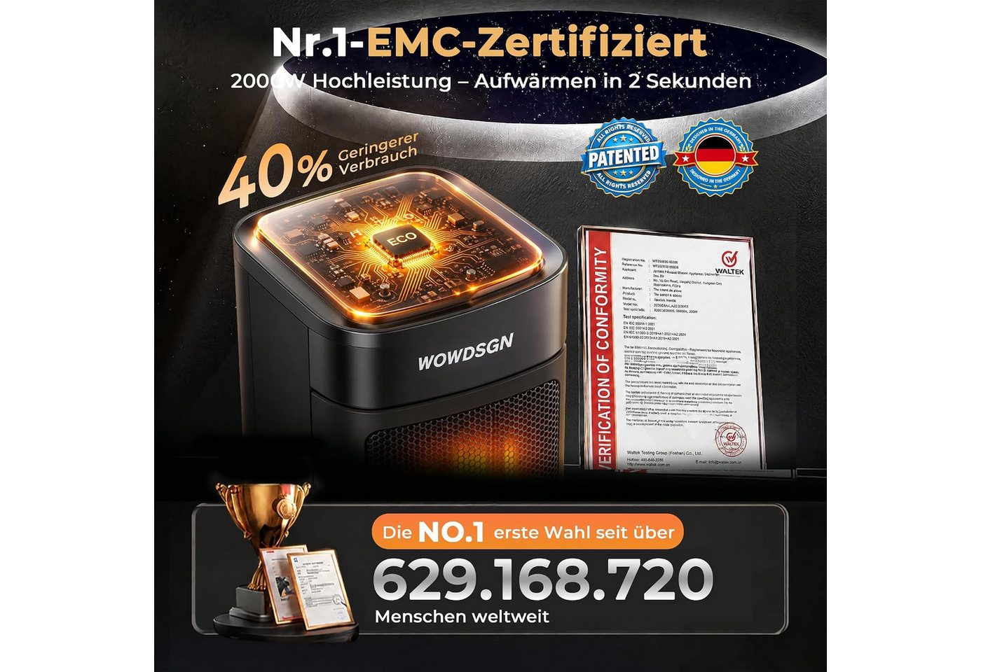 WOWDSGN Heizlüfter Turmheizer 2000W, PTC Keramik Heizgerät mit Aufheizen in 2 Sekunden, 2000 W, leise 34 dB, 24H Timer, ECO-Modus, Fernbedienung, Kindersicherun – Bild 2 von 5