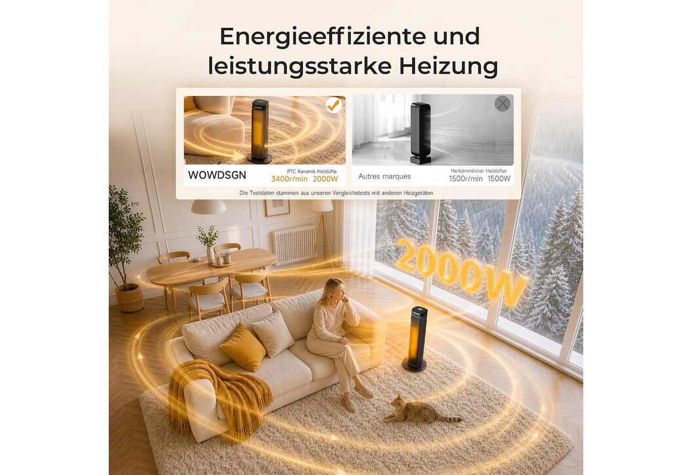 WOWDSGN Heizlüfter Turmheizer 2000W, PTC Keramik Heizgerät mit Aufheizen in 2 Sekunden, 2000 W, leise 34 dB, 24H Timer, ECO-Modus, Fernbedienung, Kindersicherun – Bild 3 von 5