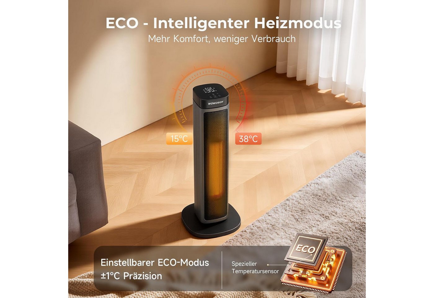 WOWDSGN Heizlüfter Turmheizer 2000W, PTC Keramik Heizgerät mit Aufheizen in 2 Sekunden, 2000 W, leise 34 dB, 24H Timer, ECO-Modus, Fernbedienung, Kindersicherun – Bild 4 von 5