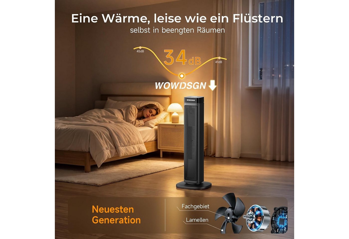 WOWDSGN Heizlüfter Turmheizer 2000W, PTC Keramik Heizgerät mit Aufheizen in 2 Sekunden, 2000 W, leise 34 dB, 24H Timer, ECO-Modus, Fernbedienung, Kindersicherun – Bild 5 von 5