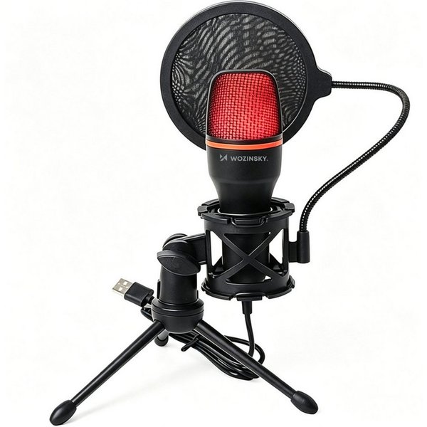Wozinsky Streaming-Mikrofon WM-W111, 360° Aufnahme, RGB-Beleuchtung, Stativ und Popfilter