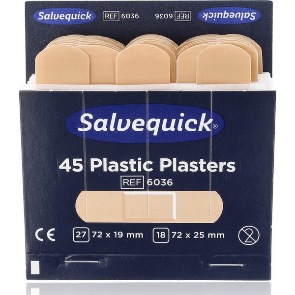 Salvequick® Wundpflaster Salvequick 6036 Wasserfeste Pflasterstrips Refill 45Stk (Nachfüllpackung, 45 St., in zwei Größen), allergiegetestet, hautfreundlich, se