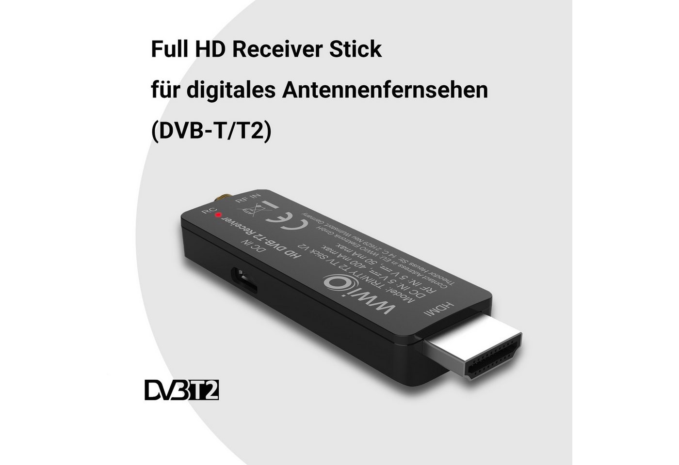 WWIO TRINITY T2 TV Stick V2 - Mini-Receiver DVB-T2 HD Receiver (Mini-Receiver für digitales Antennenfernsehen – für TV und Beamer) – Bild 2 von 5