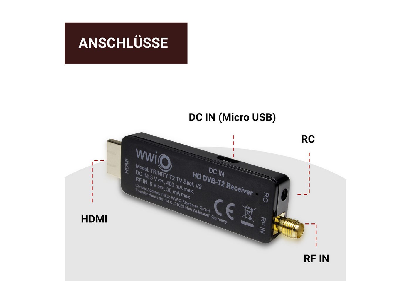 WWIO TRINITY T2 TV Stick V2 - Mini-Receiver DVB-T2 HD Receiver (Mini-Receiver für digitales Antennenfernsehen – für TV und Beamer) – Bild 3 von 5