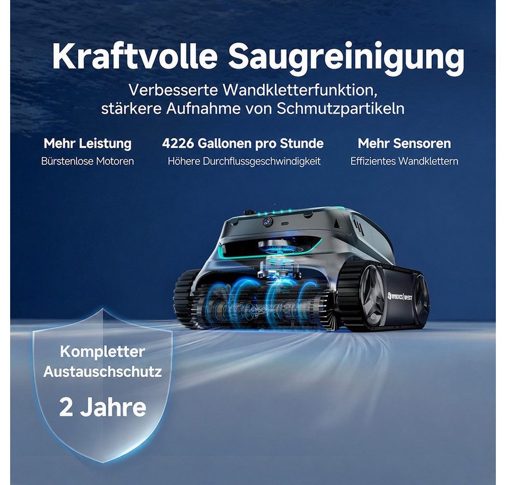 WYBOT Poolroboter S2 Vision Kabelloser Poolroboter mit KI-Lernen und Kamera-Navigation, Wandkletterfunktion & Wasserlinienreinigung, für Pools bis zu 300 m² – Bild 5 von 5