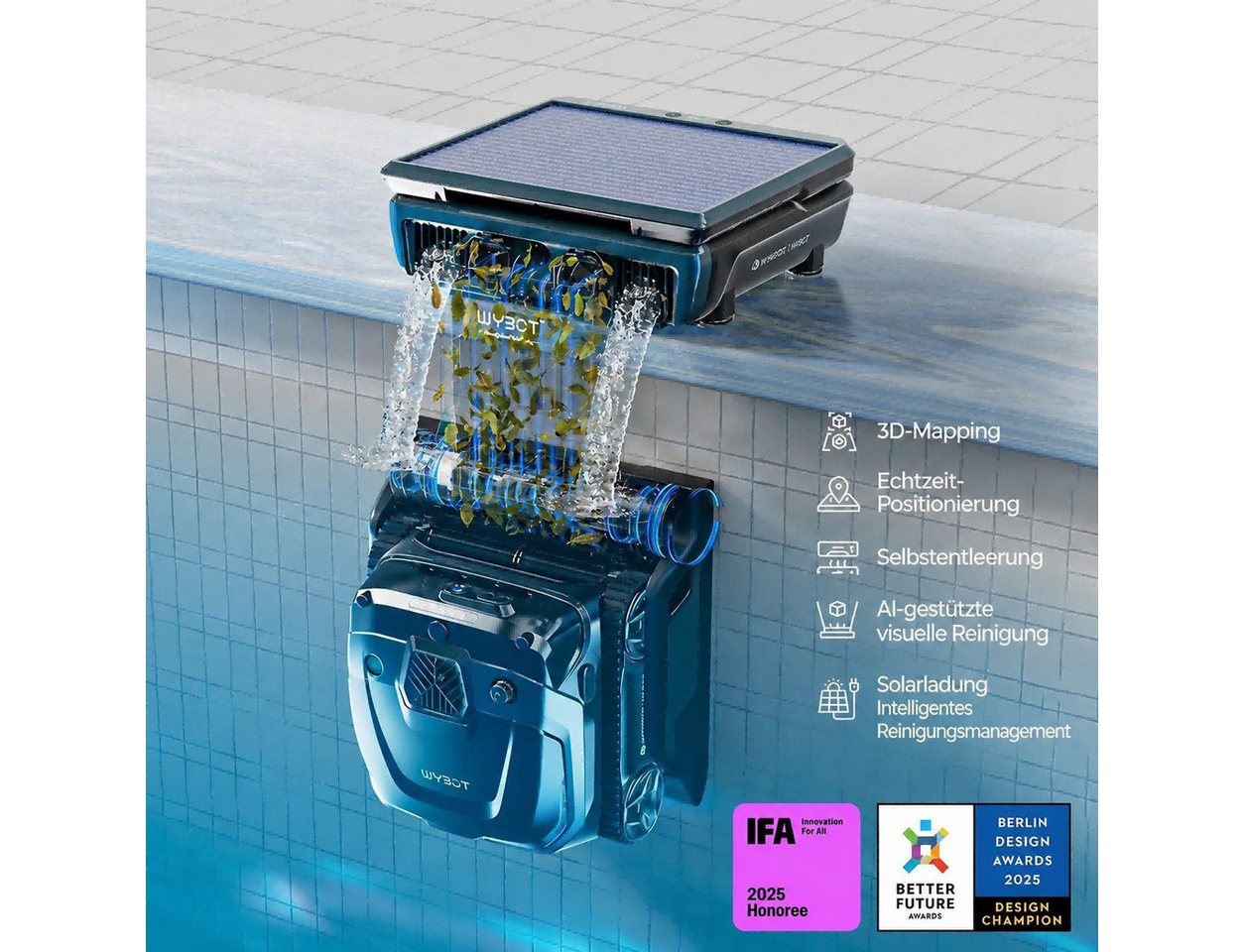 WYBOT Poolroboter S3 Kabelloser Poolreiniger, 3D-Kartierung & intelligente Navigation, automatisches Parken und Selbstreinigung, Solar + Gleichstrom – Bild 2 von 5
