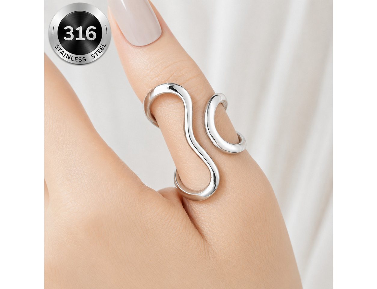 XCOAST Fingerring Wave Ring Damen Silber – Verstellbarer Edelstahl Ring im Wellen-Design (inkl. Schmuckkästchen, 1-tlg., einzeln), verstellbar (anpassbar an ver – Bild 2 von 5