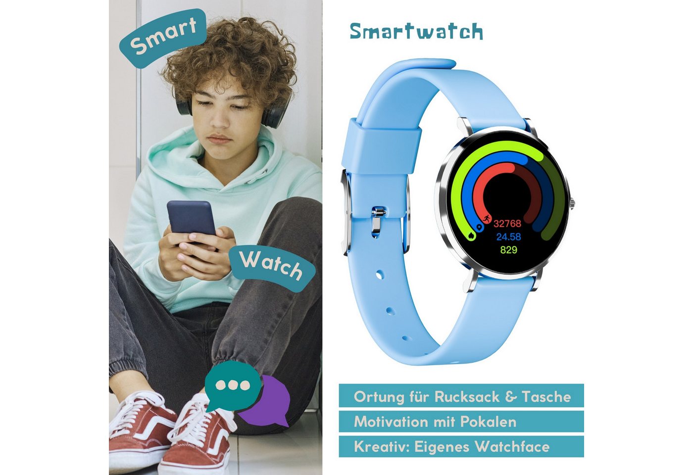 XCOAST Lino-Time in Blau, extra kleine, praktische Kinder Smartwatch (3,7 cm) Set, nur 6,9mm hoch, 6 Tage Akku Laufzeit, Spiele, >100 Sportarten, SOS NOTRUF, 6  – Bild 3 von 5