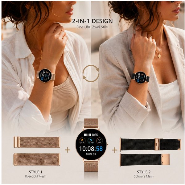 XCOAST SIONA 2 Damen Smartwatch (4,2 cm/1,3 Zoll, iOS und Android) Kostenloses Zusatzarmband enthalten / Gehäuse Rosegold (hell), 4-tlg., - 2in1 PROMOPACK (enth
