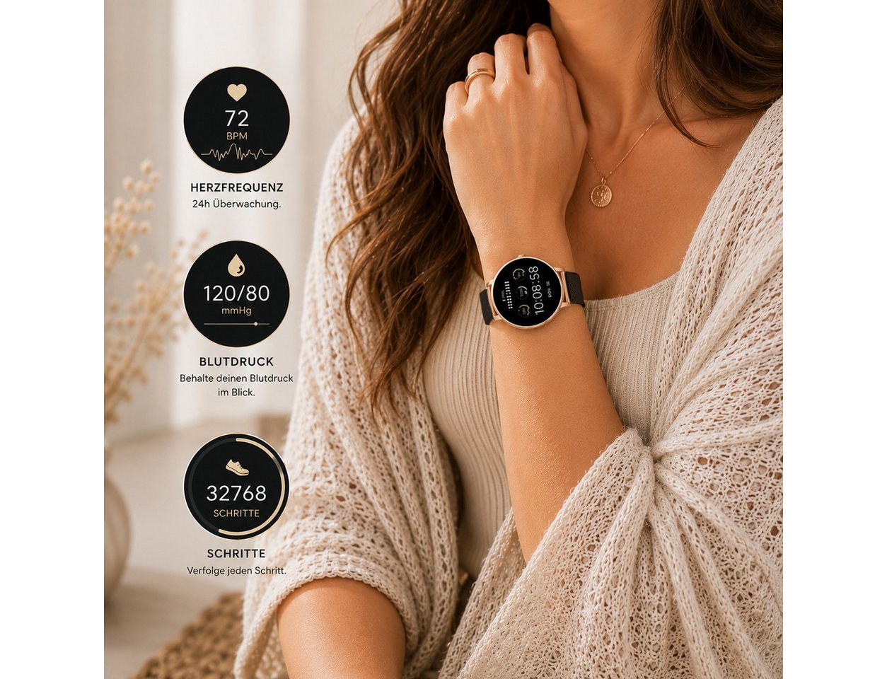 XCOAST SIONA 2 Damen Smartwatch (4,2 cm/1,3 Zoll, iOS und Android) Kostenloses Zusatzarmband enthalten / Gehäuse Rosegold (hell), 4-tlg., - 2in1 PROMOPACK (enth – Bild 2 von 5