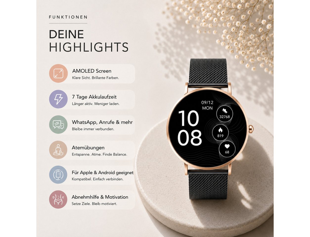 XCOAST SIONA 2 Damen Smartwatch (4,2 cm/1,3 Zoll, iOS und Android) Kostenloses Zusatzarmband enthalten / Gehäuse Rosegold (hell), 4-tlg., - 2in1 PROMOPACK (enth – Bild 3 von 5