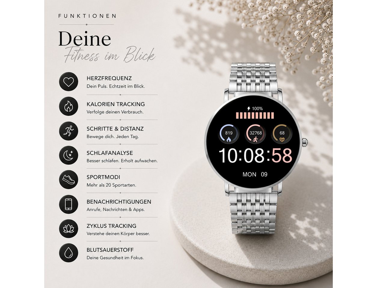 XCOAST SIONA2 ultraflache Damen Smartwatch (4,2 cm/1,3 Zoll), 1-tlg., Nachrichtenempfang, Anrufanzeige, Edelstahl, 7 Tage Akku, Blutdruck, Wasserdicht, Puls, Ka – Bild 2 von 5