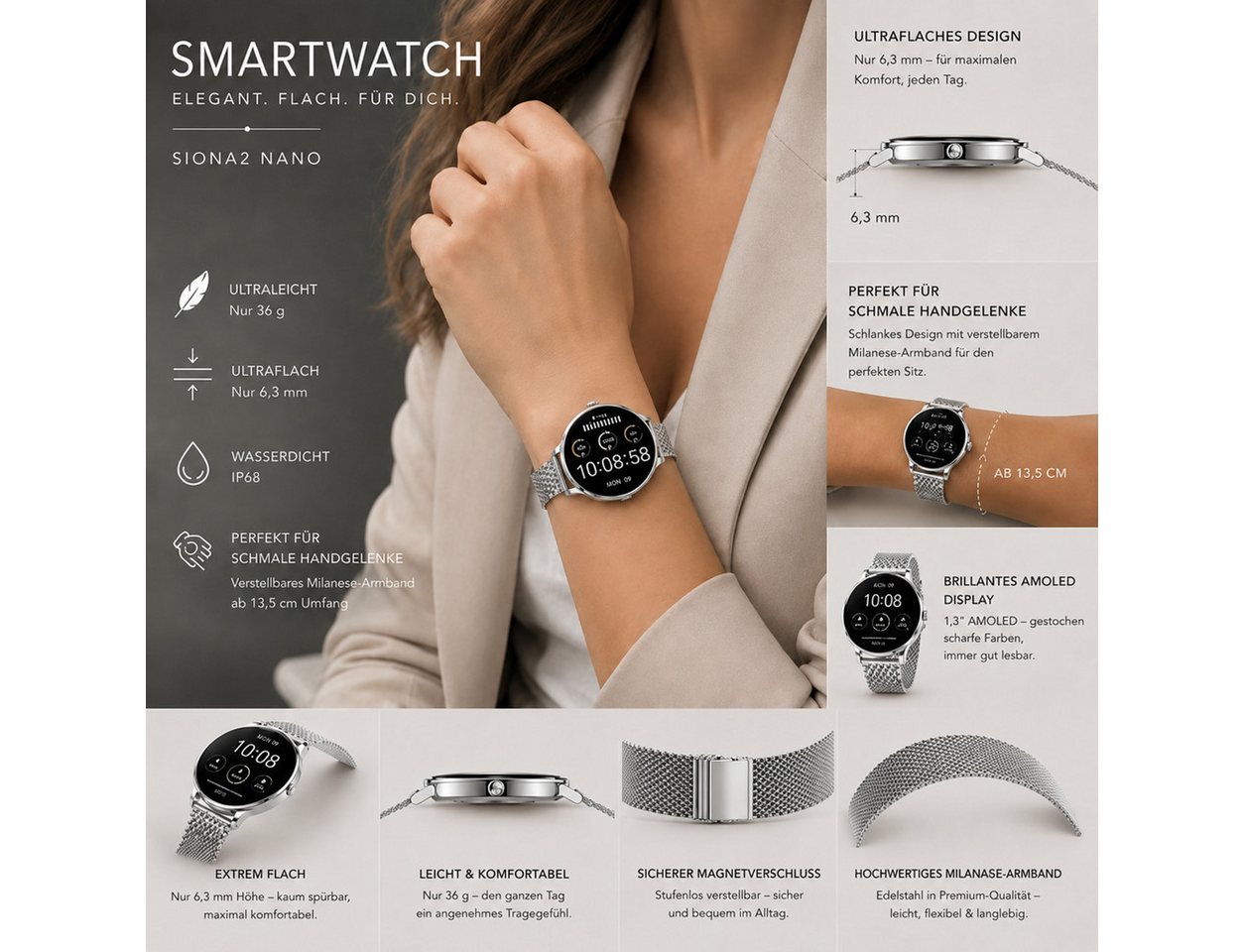 XCOAST SIONA2 ultraflache Damen Smartwatch (4,2 cm/1,3 Zoll), 1-tlg., Nachrichtenempfang, Anrufanzeige, Edelstahl, 7 Tage Akku, Blutdruck, Wasserdicht, Puls, Ka – Bild 3 von 5