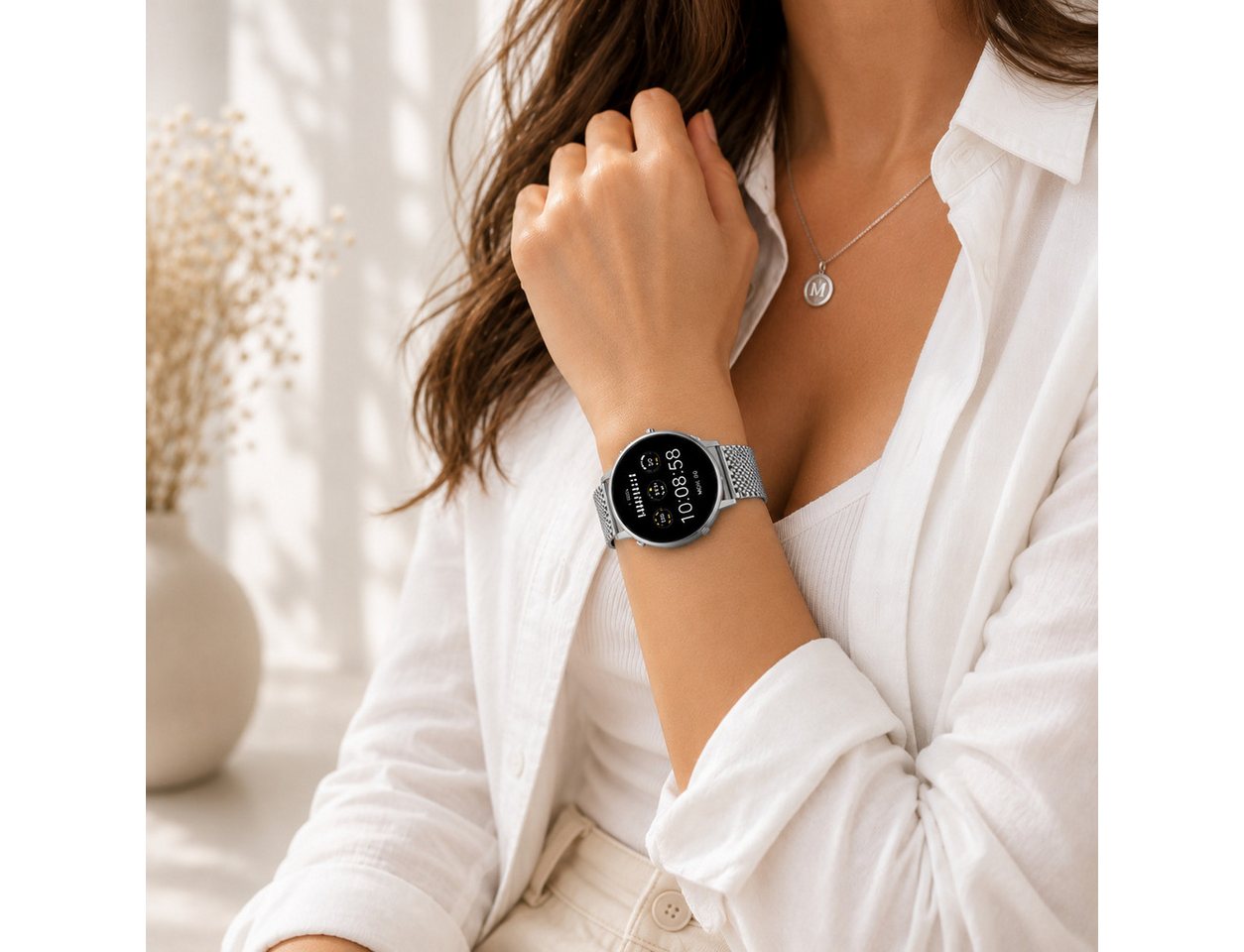 XCOAST SIONA2 ultraflache Damen Smartwatch (4,2 cm/1,3 Zoll), 1-tlg., Nachrichtenempfang, Anrufanzeige, Edelstahl, 7 Tage Akku, Blutdruck, Wasserdicht, Puls, Ka – Bild 4 von 5