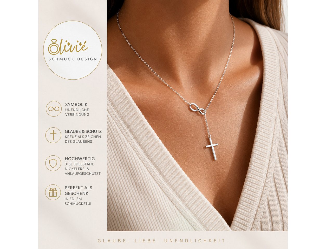 XCOAST Statementkette Infinity Damen – Unendlichkeitsschleife & Kreuz (statementkette damen silber infinity, Geschenkidee), Silber, elegant minimalistisch – Bild 2 von 5