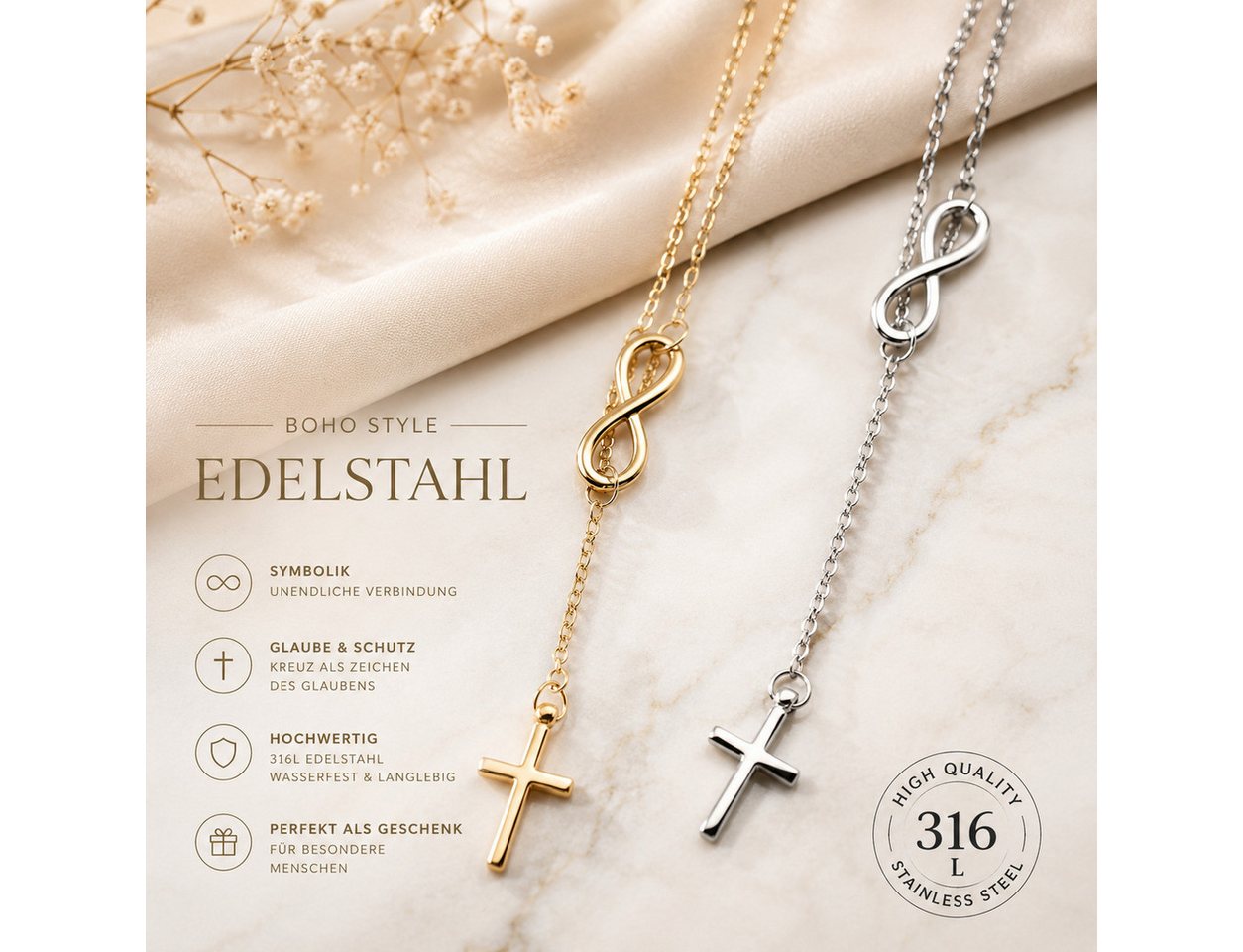 XCOAST Statementkette Infinity Damen – Unendlichkeitsschleife & Kreuz (statementkette damen silber infinity, Geschenkidee), Silber, elegant minimalistisch – Bild 4 von 5