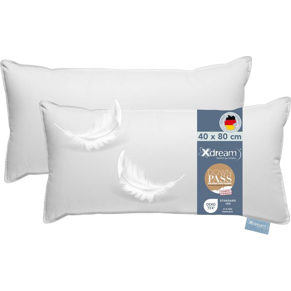 XDREAM Daunenkissen Premium, Kopfkissen 40x80 cm und 80x80 cm, entwickelt in Deutschland, Füllung: Daunen und Federn, Bezug: 100% Baumwolle, Rückenschläfer, Sei