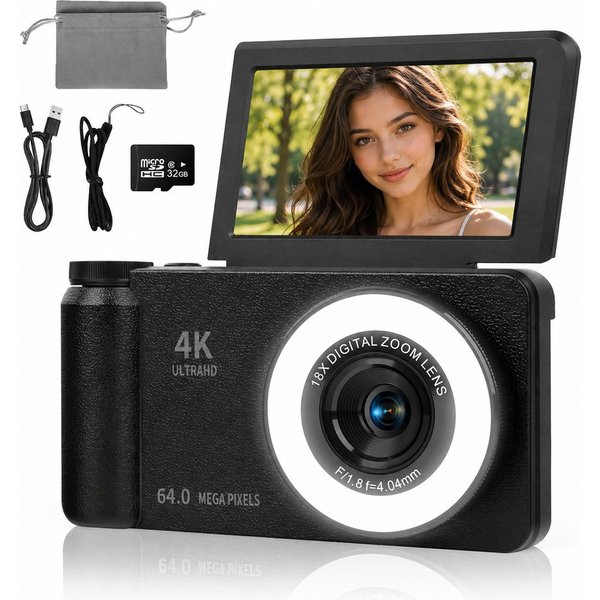 XEOOCE 4K Digitalkamera 64MP mit Flip Display Autofokus 18x Zoom Kompaktkamera (64 MP, 20 Filter)