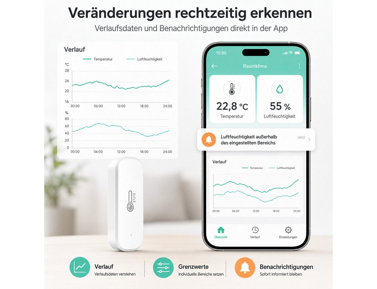XEOOCE Feuchtigkeitssensor WLAN Temperatur- & Feuchtigkeitssensor App-Steuerung Ohne Hub – Bild 2 von 5