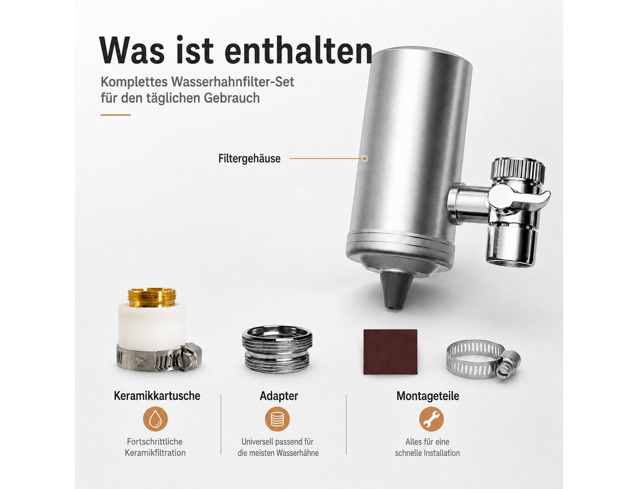 XEOOCE Wasserhahn-Wasserfilter Wasserfilter, 5-fach, Für Wasserhahn, 1 Stück, Silber (Set, Montageset), Keramikfilter waschbar, 5-fach, Edelstahl, Montage – Bild 3 von 5