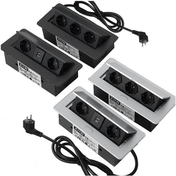 XERSEK 1.8m Kabel + Netzteil Versenkbar Einbausteckdose Alu Tischsteckdose Einbau-Tischsteckdose (3Fach, 3500W/16A Tischplatte, Bodensteckdose), Aluminium Steck