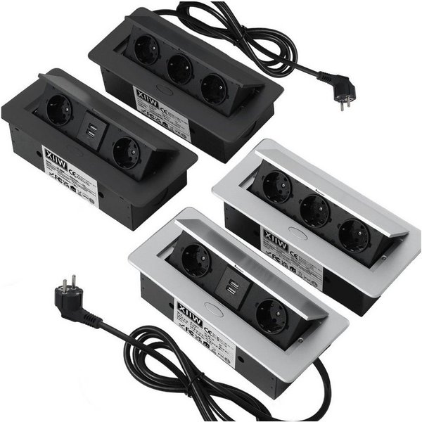 XERSEK 1.8m Kabel + Netzteil Versenkbar Einbausteckdose Alu Tischsteckdose Einbau-Tischsteckdose (2Fach +2USB, 3500W/16A Tischplatte, Bodensteckdose), Aluminium