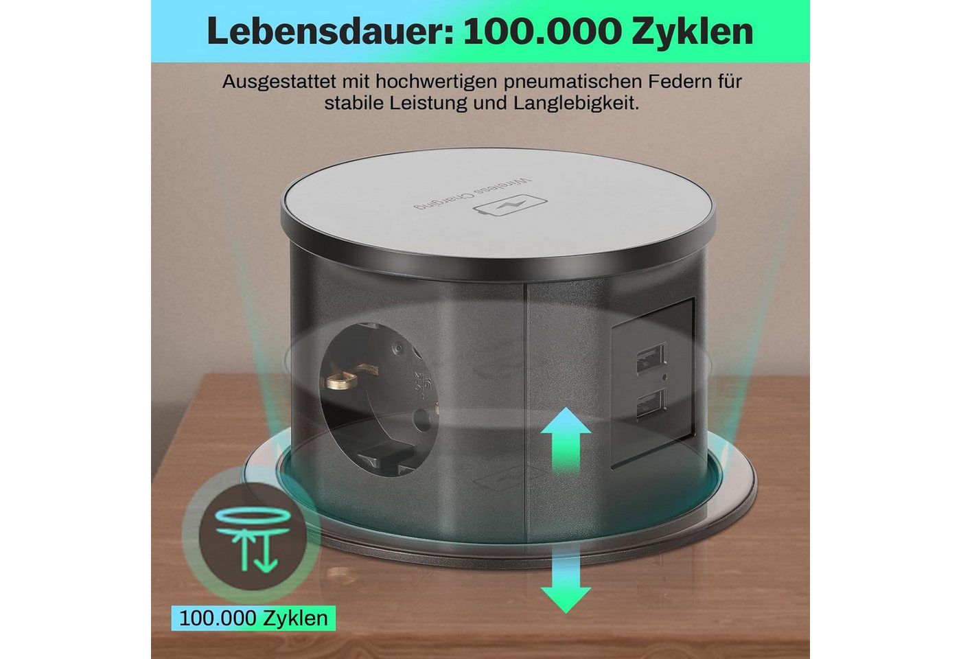 XERSEK 3 Fach + 2 USB Einbausteckdose Steckerleiste Wireless Charger Qi Einbau-Tischsteckdose (Ladegerät 3680W Versenkbare Mehrfachsteckdose, Kabellänge 1.8 m), – Bild 2 von 5