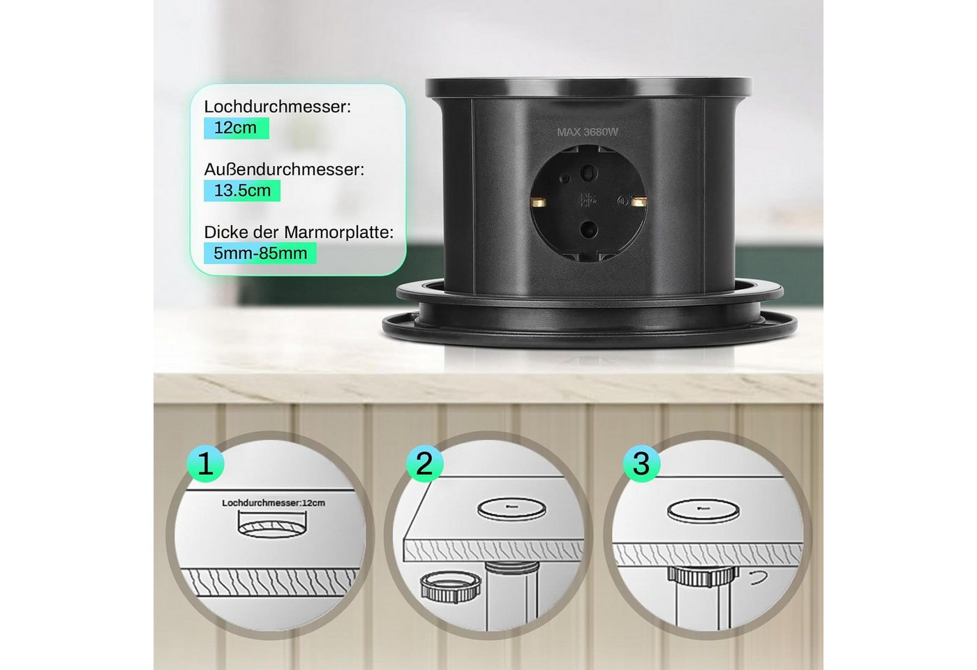XERSEK 3 Fach + 2 USB Einbausteckdose Steckerleiste Wireless Charger Qi Einbau-Tischsteckdose (Ladegerät 3680W Versenkbare Mehrfachsteckdose, Kabellänge 1.8 m), – Bild 3 von 5