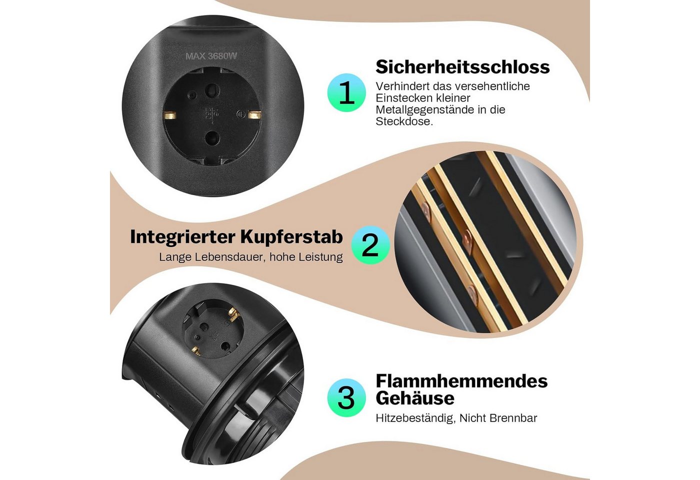 XERSEK 3 Fach + 2 USB Einbausteckdose Steckerleiste Wireless Charger Qi Einbau-Tischsteckdose (Ladegerät 3680W Versenkbare Mehrfachsteckdose, Kabellänge 1.8 m), – Bild 5 von 5
