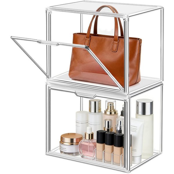 XERSEK Aufbewahrungsbox Transparente Displaybox Acryl Organizer Handtasche Schaukasten Vitrine (Set, 2 St., 40×25×30cm Stapelfähig), für Figuren, Handtaschen, S
