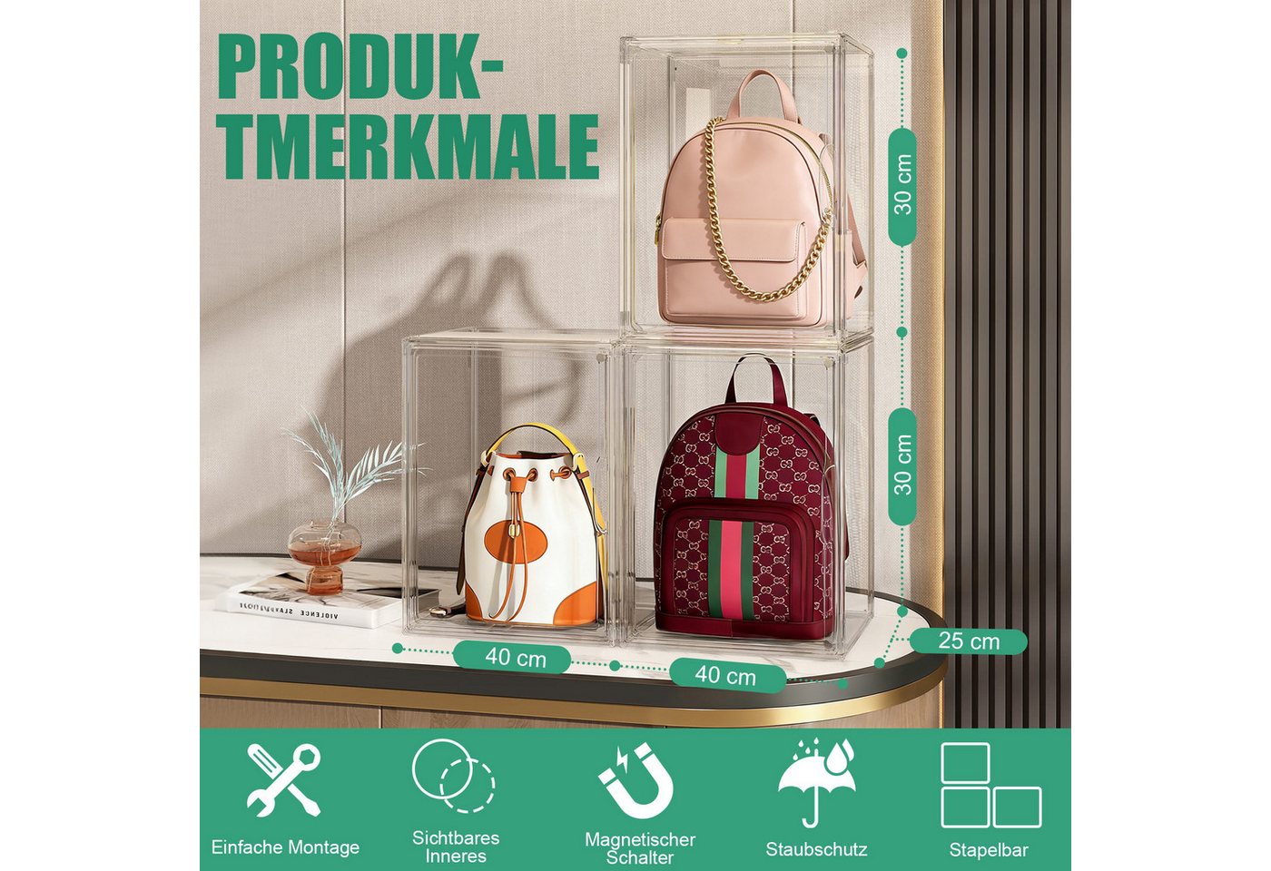 XERSEK Aufbewahrungsbox Transparente Displaybox Acryl Organizer Handtasche Schaukasten Vitrine (Set, 2 St., 40×25×30cm Stapelfähig), für Figuren, Handtaschen, S – Bild 2 von 5