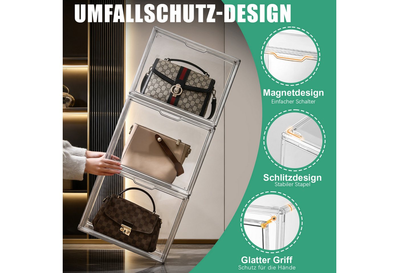 XERSEK Aufbewahrungsbox Transparente Displaybox Acryl Organizer Handtasche Schaukasten Vitrine (Set, 2 St., 40×25×30cm Stapelfähig), für Figuren, Handtaschen, S – Bild 3 von 5