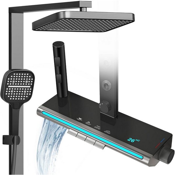 XERSEK Brausegarnitur 5in1 Duschsystem, LED-Display, 33×22 cm Drehbarer Duschkopf Höhe 107cm, inkl.Regendusche Handbrause Rückendüse Waschtischarmatur Spritzpis