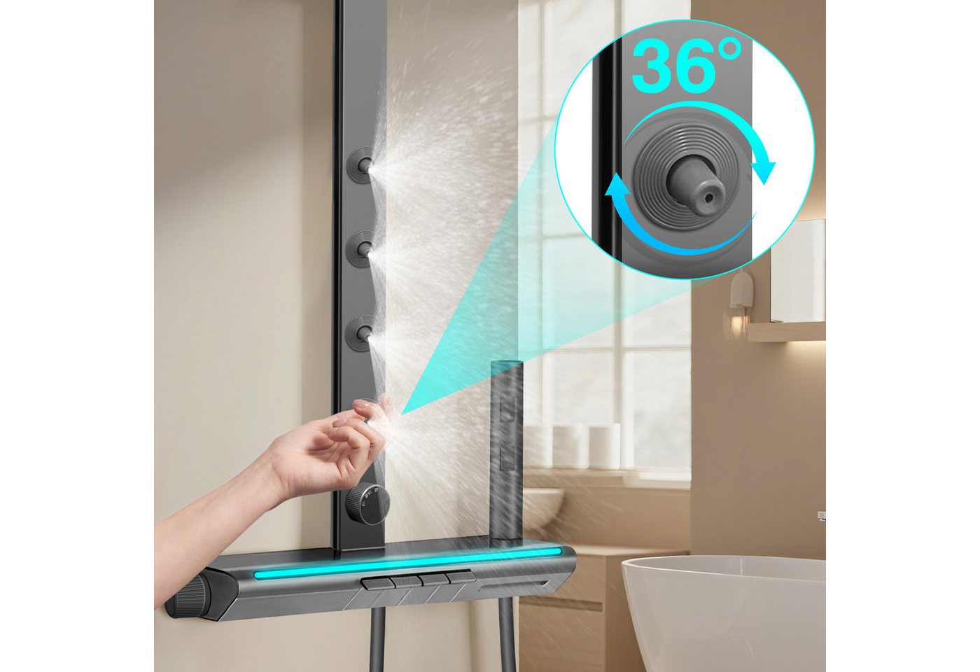 XERSEK Brausegarnitur 5in1 Duschsystem, LED-Display, 33×22 cm Drehbarer Duschkopf Höhe 107cm, inkl.Regendusche Handbrause Rückendüse Waschtischarmatur Spritzpis – Bild 2 von 5