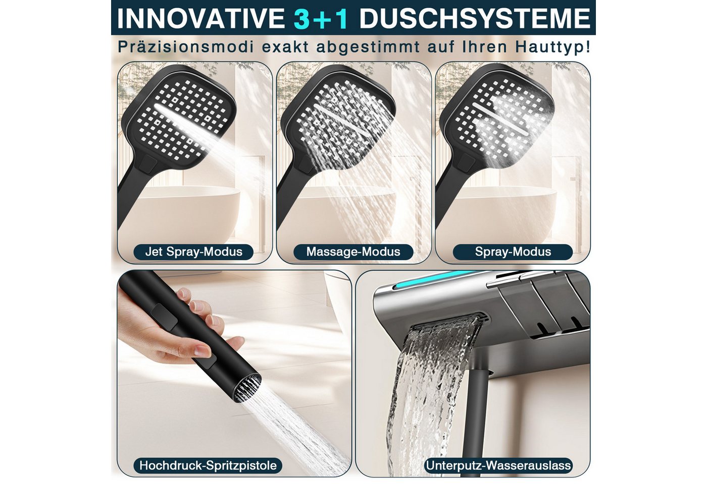 XERSEK Brausegarnitur 5in1 Duschsystem, LED-Display, 33×22 cm Drehbarer Duschkopf Höhe 107cm, inkl.Regendusche Handbrause Rückendüse Waschtischarmatur Spritzpis – Bild 3 von 5