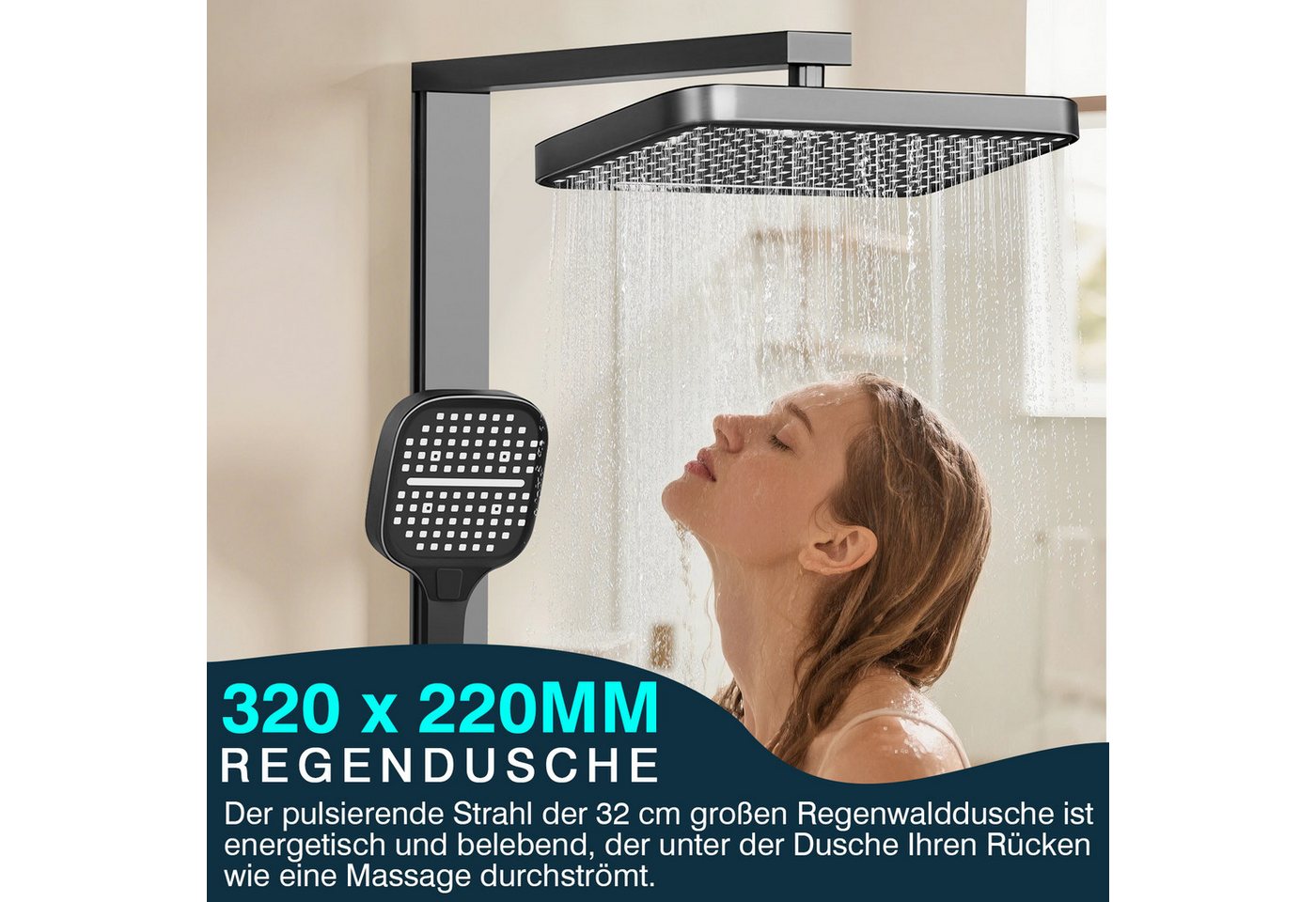 XERSEK Brausegarnitur 5in1 Duschsystem, LED-Display, 33×22 cm Drehbarer Duschkopf Höhe 107cm, inkl.Regendusche Handbrause Rückendüse Waschtischarmatur Spritzpis – Bild 4 von 5