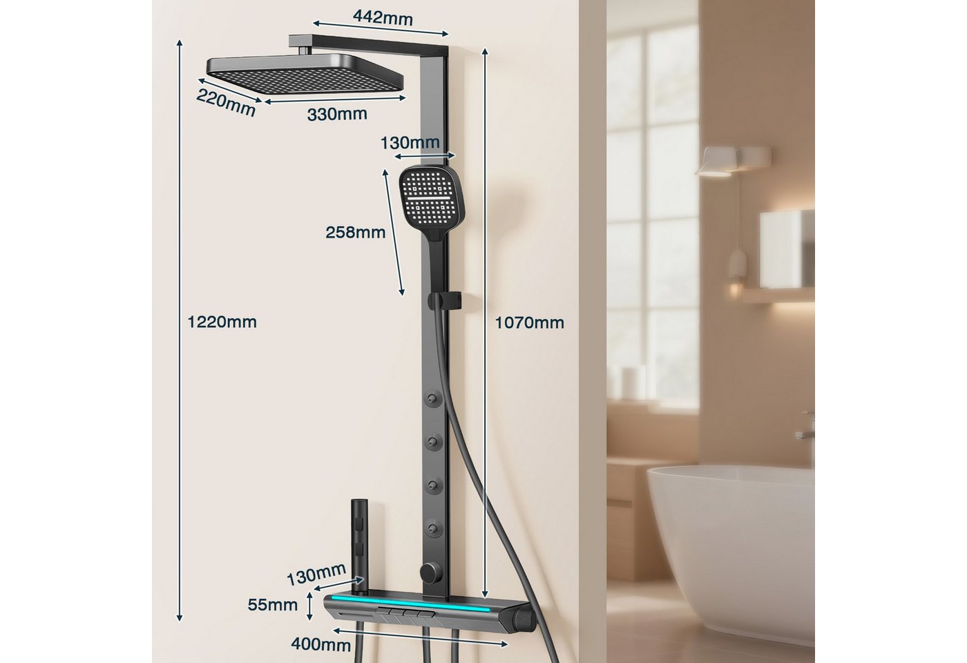 XERSEK Brausegarnitur 5in1 Duschsystem, LED-Display, 33×22 cm Drehbarer Duschkopf Höhe 107cm, inkl.Regendusche Handbrause Rückendüse Waschtischarmatur Spritzpis – Bild 5 von 5
