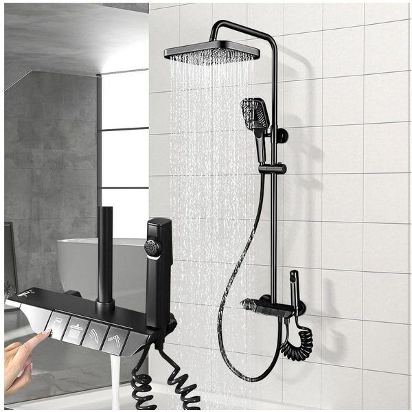 XERSEK Duschsystem Verstellbare Duschstange Duscharmatur Komplettset Duschset 86-120cm, 3 Strahlart(en), mit Armatur 30x19cm Eckiger Regendusche Kopfbrause, Bra